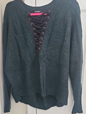 Express Dark Teal Lace-Up V-Neck Sweater - Women